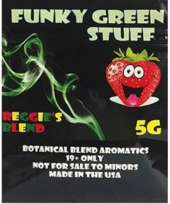 Funky Green Stuff Herbal Incense stick burning with rich, herbal aroma in a cozy room